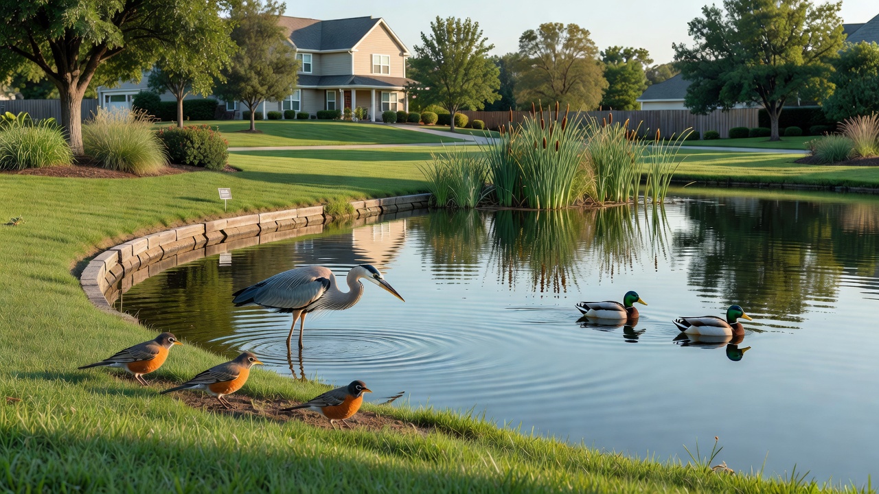 Close-up of a heron standing in shallow pond water surrounded by well-kept aquatic vegetation in a residential yard