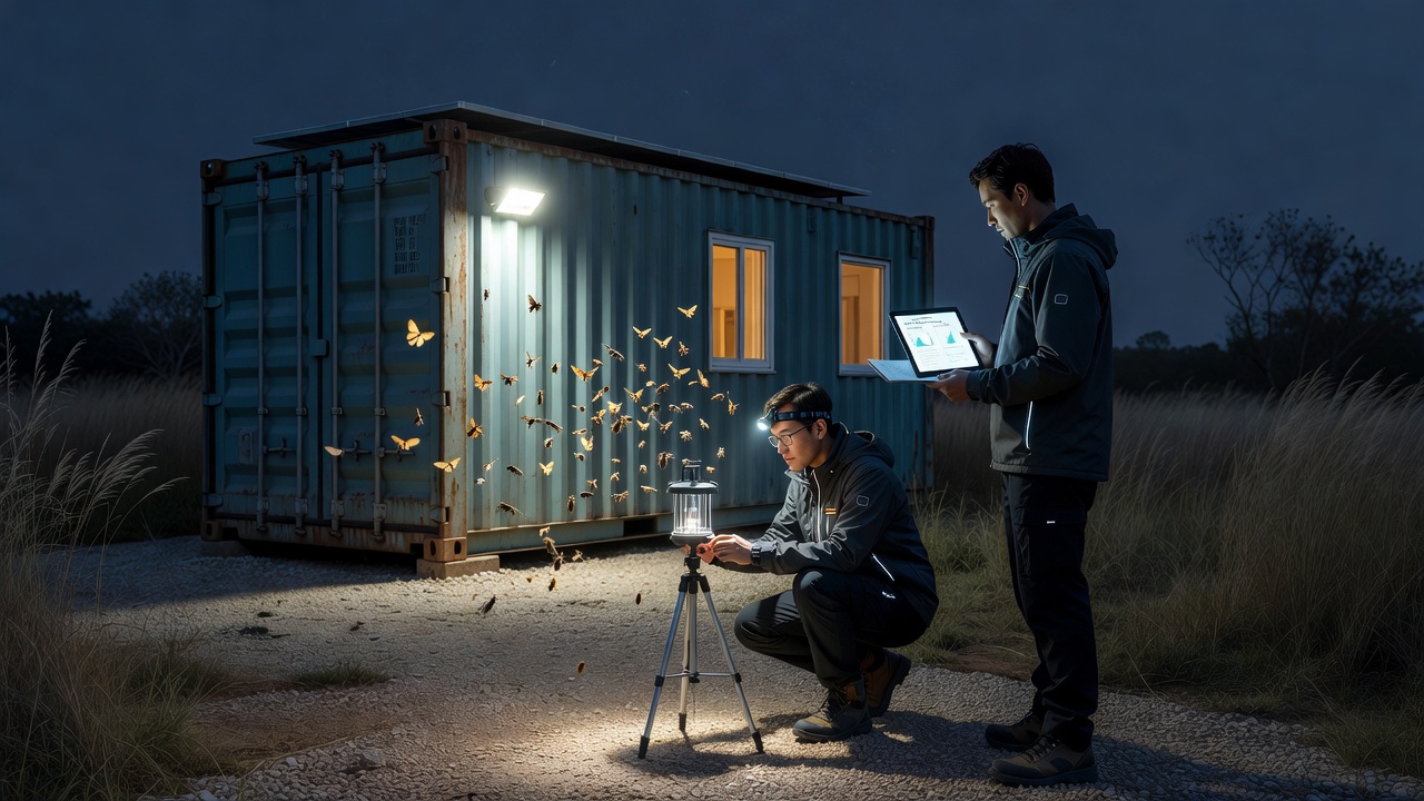 Close-up of nocturnal insects gathered around a garden light near a small container pond at night