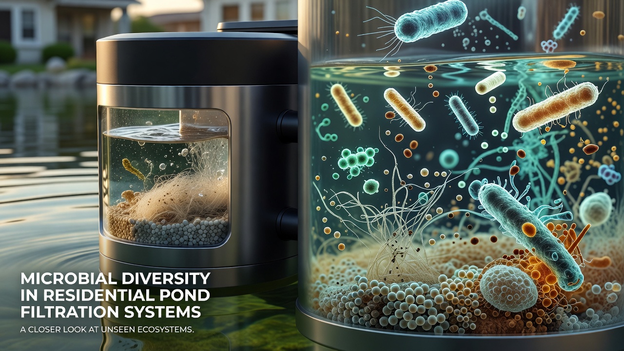 Cross-section diagram of layered microbial communities within pond filter media illustrating aerobic and anaerobic zones